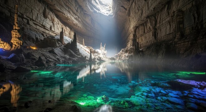 Cave with crystal clear turquoise water.