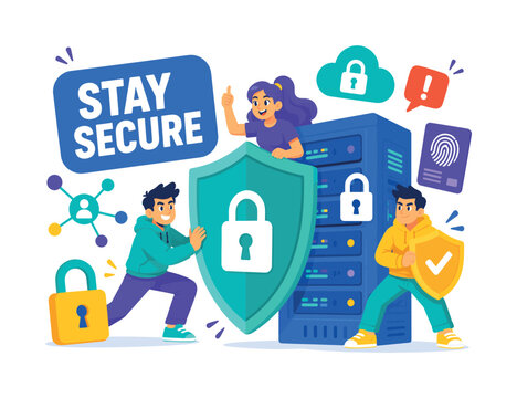 Cyber Security Protection Banner with 3 expressive stylized human characters guarding an oversized shield and giant secured server, small padlock, network node, fingerprint card, cloud lock, and alert
