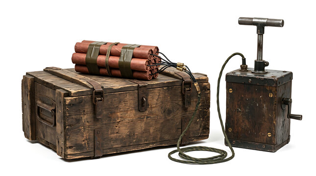 Vintage Dynamite Sticks with Old Wooden Box and Blasting Machine Isolated