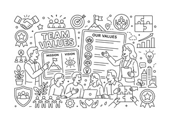 Naklejka premium Corporate Culture Leadership. Clean outline line art banner of corporate culture, leadership and teamwork: two leaders guiding an oversized mission vision board and a giant team values chart across