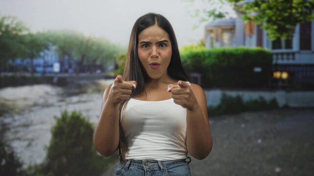 Woman pointing fingers at camera with hands, making accusatory gesture in front of building; assertive confidence.