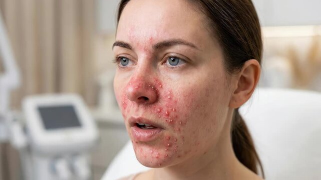 Female skin distress: Staphylococcus infection, facial inflammation, dermal pustule, pore obstruction, serious condition, urgent concern, human ailment.