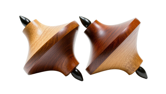 Wooden spinning tops with black tips, two pieces