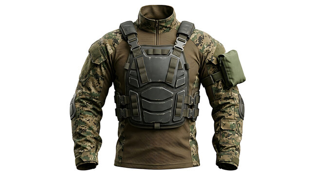 Military Tactical Chest Rig and Combat Uniform Set Isolated on White Background