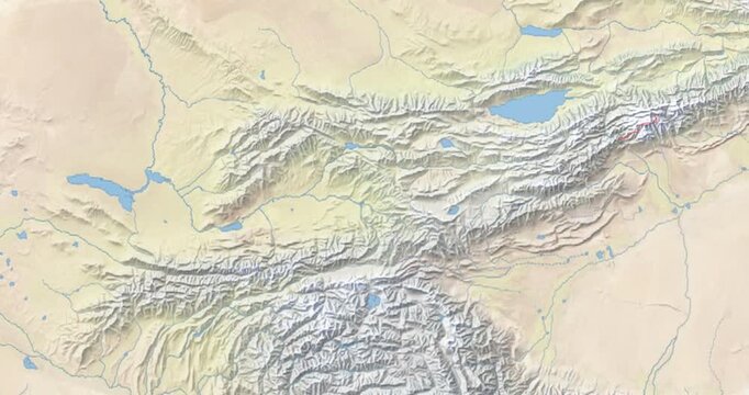 Kyrgyzstan on Globe. Zoom into the country with Earth spinning on dark background. Physical world map with Kyrgyzstan and label on it. Country view animation.