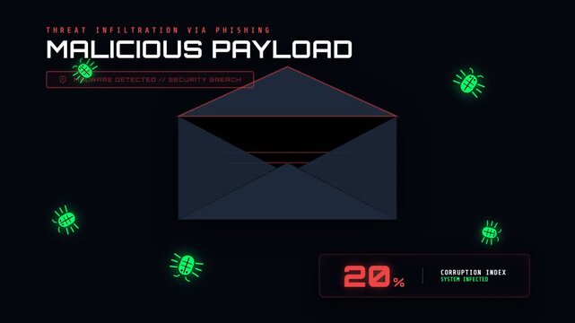Malicious payload email infiltration cyber security threat animation.