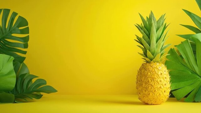 Vibrant pineapple with tropical leaves on bright yellow background. Cinco de Mayo, Battle of Puebla Day, Mexican Heritage Festival - Latin American Cultural Celebration