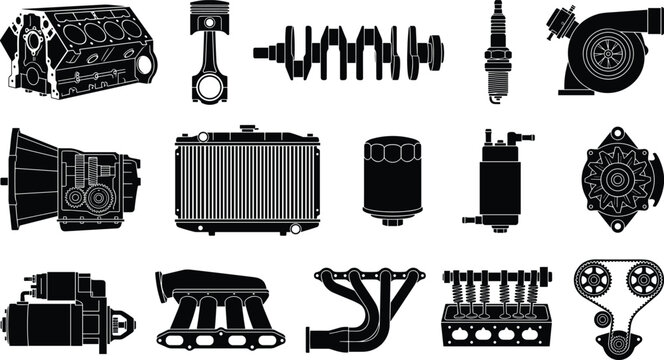 Car Engine Parts Set. Auto Spare Components, Vehicle Mechanics Icons, Vector Illustration