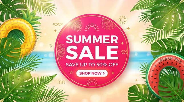Vibrant summer sale graphic with tropical leaves, float rings and beach scene, symbolizing discount and vacation