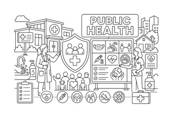 Fototapeta premium Public Health Community. Clean outline line art banner with one wide public health scene, two health workers beside oversized community shield and giant awareness board, small details handwashing