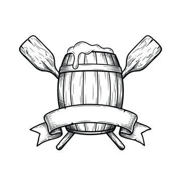 Vintage Wooden Beer Barrel with Wings and Decorative Banner Illustration.