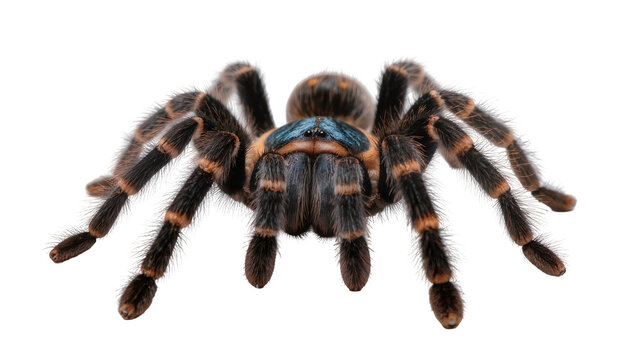 Hairy tarantula spider with orange stripes on legs and blue carapace