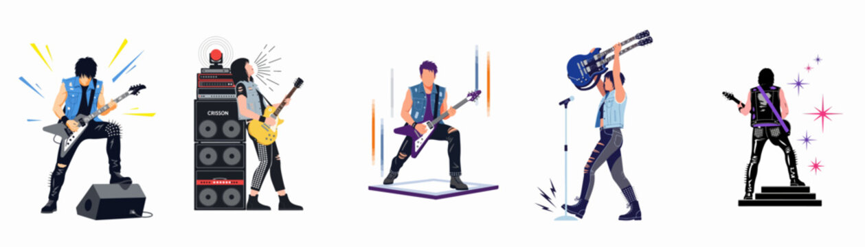 Set of diverse rock and heavy metal guitarists performing in various dynamic poses with electric guitars and stage equipment on a white background.