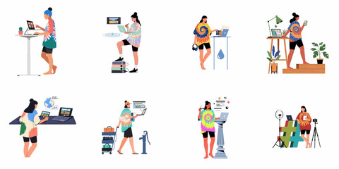 Fototapeta premium Vector illustrations of a creative female freelancer working on environmental projects using various digital devices in a modern and trendy home office setting.