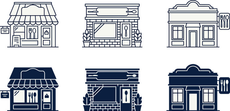 Storefront line art and silhouette icon set featuring restaurant cafe and bakery facades with awnings signage and windows for local business marketing design