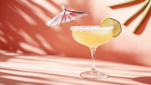 Refreshing margarita cocktail with lime and umbrella on pink background. Cinco de Mayo, Battle of Puebla Day, Mexican Heritage Festival - Latin American Cultural Celebration