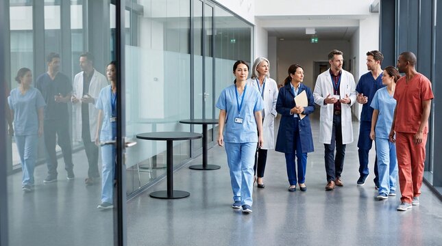 Diverse group of medical professionals walking down a modern hospital corridor, discussing patient care.