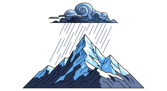 Winter mountain peak with rain shower from a dark storm cloud mountain landscape illustration precipitating climbing adventure