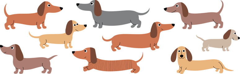 "Playful cartoon dachshund dogs vector illustration with long bodies, cute expressions, and whimsical designs for pet projects" © SAHARA