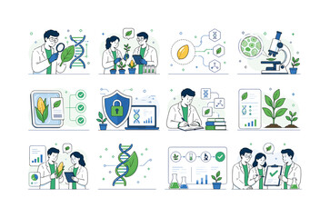 Fototapeta premium GMO Food Science. Genetically modified organism, food science, bioengineering, crop research and lab testing. 12 minimalist editorial vector scenes: a researcher studies a DNA leaf, two scientists