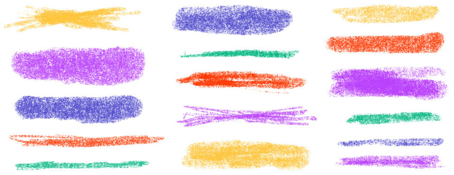 Crayon tag highlight and scribble shapes in purple red and teal set. Accent underline strokes with kid brush texture and tag marks. Colorful vector crayon line elements for school projects isolated.