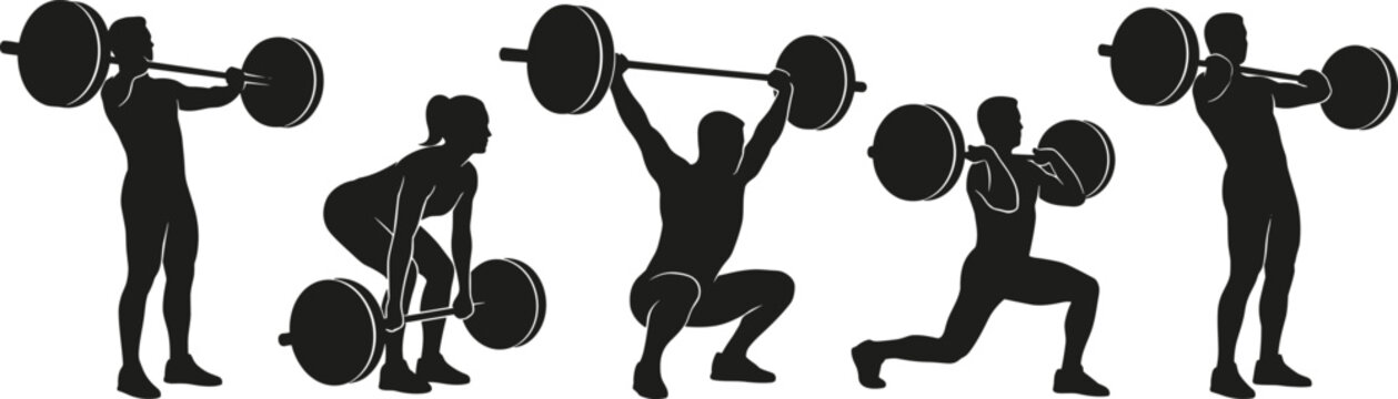 Weightlifting and Powerlifting Athlete Vector Icon Set Featuring Black Silhouette Shapes of Men and Women Performing Barbell Squats Lunges and Deadlifts for Gym LayoutsWeightlifting and Powerlifting A