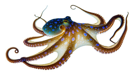 Blue-ringed octopus with brown and white body and blue spots © Johanna