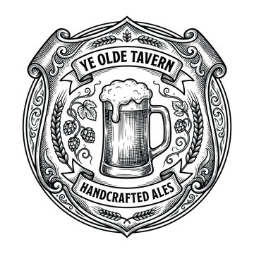 Vintage Ye Olde Tavern Handcrafted Ales Beer Emblem Illustration.