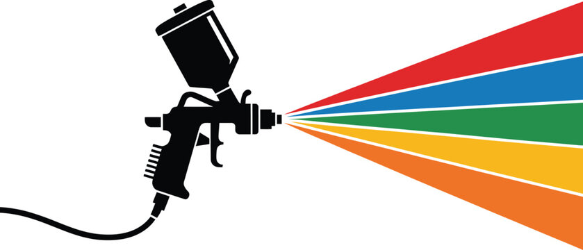 Spray paint gun icon, professional painting equipment with mist effect for automotive refinishing and industrial coating applications