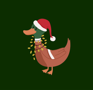 Cute Christmas duck with Santa hat and lights &ndash; festive cartoon illustration
