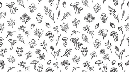 Woodland mushrooms and autumn leaves sketch repeat background © Vistara Studio