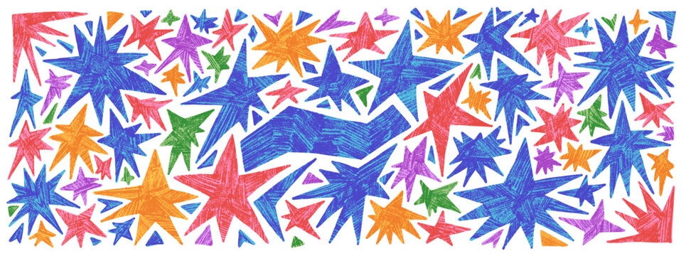 Starburst and pastel crayon scribble star for kids sticker. Colorful space twinkles figures with chalk doodle and pastel grain blink. Vector magic spark set isolated for holiday party event and promo.