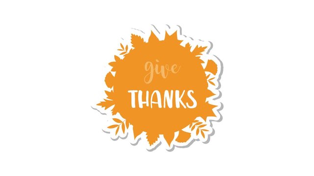 Give Thanks lettering with orange watercolor leaves. Card template. Thanksgiving greeting, vector, icon.