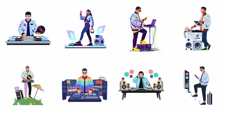 A collection of diverse DJ and music producer character illustrations in a modern, vibrant vector style, featuring various electronic music equipment and settings.