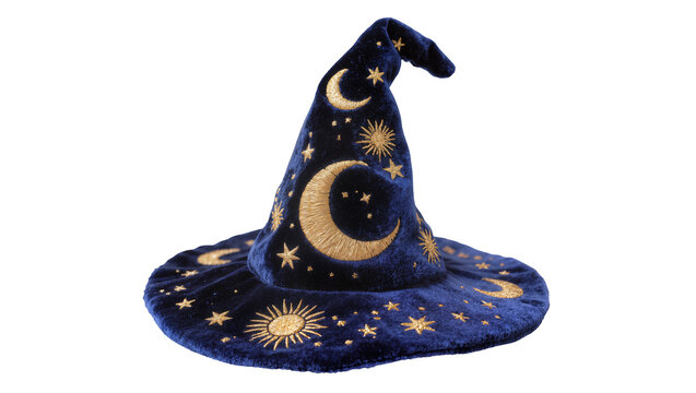 Blue velvet wizard hat with gold crescent moon and star embroidery