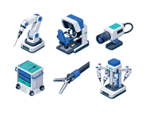 Surgical robotics. Isometric flat vector icons set of Surgical robotics: robotic surgical arm, surgeon control console, endoscopic camera module, sterile instrument cart, laparoscopic gripper tool,