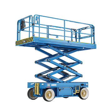 Blue scissor lift with raised platform and safety rails, isolated on white