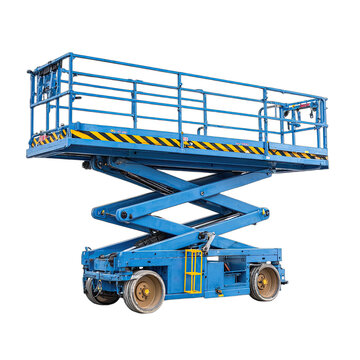 Blue elevated platform with scissor lift mechanism and wheeled base