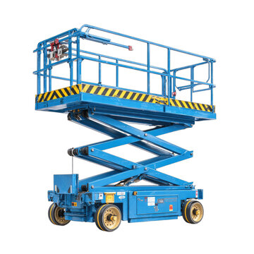 Blue scissor lift with yellow safety railing, raised platform on white background