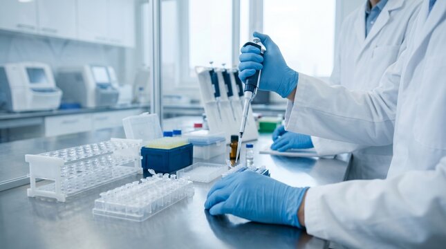 Genome sequencing prep workflow with researchers handling tubes in lab