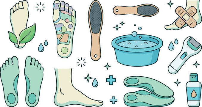 Podiatry and Foot Care Icon Set featuring Pedicure Tools Reflexology Map Orthotic Insoles Foot Bath and Skin Treatment Layouts for Health and Beauty Apps