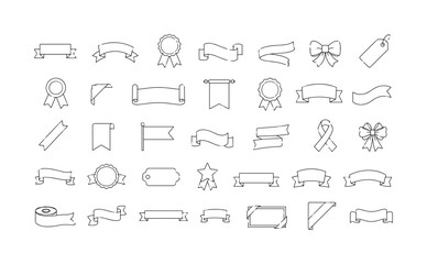 Obraz premium Ribbon Banner Labels. Minimalistic set one-line drawing ribbon banner, folded label, award ribbon, curled ribbon, ribbon strip, bow ribbon, tag label, medal ribbon, corner ribbon, scroll banner,