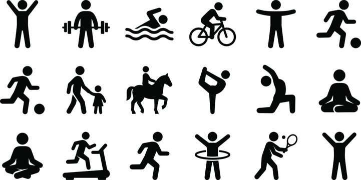 Sports and fitness activity stick figure icon set for healthy lifestyle training workout gym and athletic design