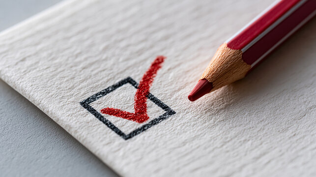 Checklist and Pencil: A close-up shot reveals a red pencil poised over a checkbox on a textured surface, with a bold red checkmark already completing the task.