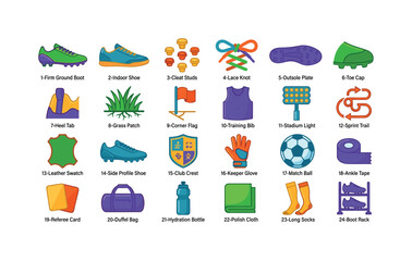 Fototapeta premium Football Footwear Kit ? firm ground boot, indoor shoe, cleat studs, lace knot, outsole plate, toe cap, heel tab, grass patch, corner flag, training bib, stadium light, sprint trail, leather swatch,