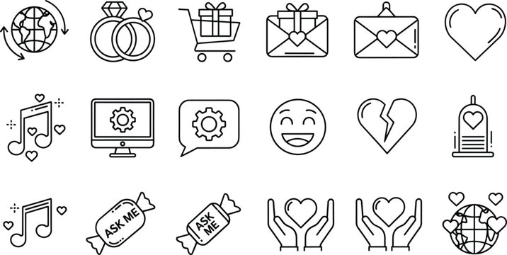 Valentine day romance and wedding celebration line icon set for relationship dating love message global gift shopping and communication