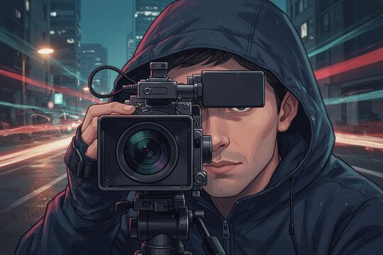 Man filming with professional camera in nighttime city street with motion