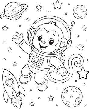 Cute Monkey Astronaut in Space Coloring Page Vector Illustration for Kids