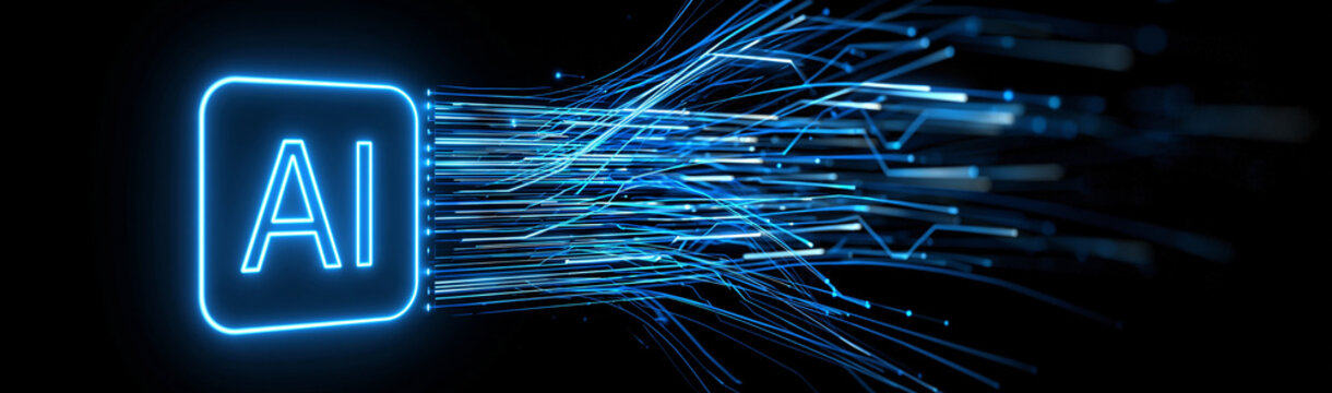 AI Evolution: A neon blue AI logo glows ominously, emanating a torrent of digital data streams that surge outwards.
