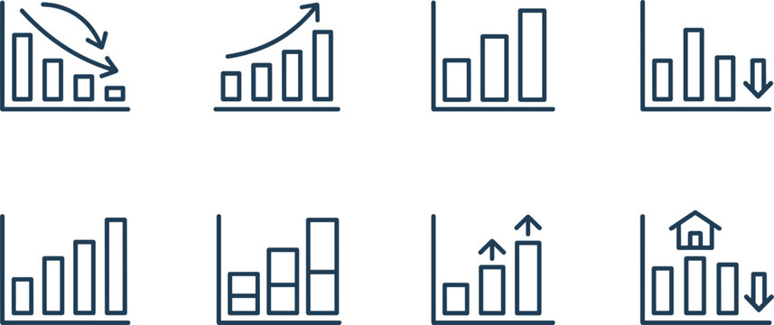 Business finance bar chart graph data analytics outline icon set vector illustration for corporate market dashboard presentation interface